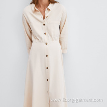 Long Women Casual Dress Creamy-white Dress with Buttons